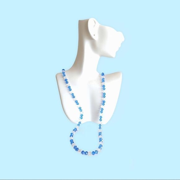 Austria Blue crystal + clear square crystal vintage sparkling necklace - Picture 8 of 8